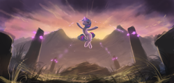 Size: 2000x963 | Tagged: dead source, safe, artist:shamanguli, derpibooru import, twilight sparkle, unicorn twilight, unicorn, atg 2016, levitation, magic, newbie artist training grounds, obelisk, scenery, solo, speedpaint, sunset, telekinesis