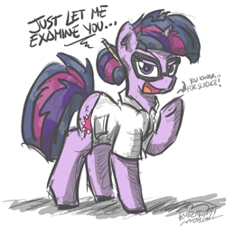 Size: 2380x2382 | Tagged: safe, artist:flutterthrash, sci-twi, twilight sparkle, pony, unicorn, equestria girls, clothes, dialogue, equestria girls ponified, female, for science, glasses, hooves, horn, lab coat, mare, newbie artist training grounds, open mouth, ponified, raised hoof, scientist, simple background, solo, unicorn sci-twi, white background