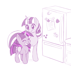 Size: 1100x1075 | Tagged: safe, artist:dstears, twilight sparkle, twilight velvet, pony, unicorn, adorkable, cute, dork, eyes closed, female, filly, filly twilight sparkle, mare, mother and child, mother and daughter, newbie artist training grounds, parent and child, refrigerator, simple background, smiling, twiabetes, velvetbetes, white background
