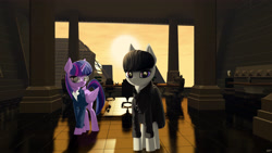 Size: 4800x2700 | Tagged: safe, artist:styroponyworks, octavia melody, owlowiscious, twilight sparkle, twilight sparkle (alicorn), alicorn, earth pony, pony, 3d, blade runner, blender, bowtie, chair, clothes, column, female, glasses, indoors, mare, mixed media, office chair, scenery, skirt, suit, sun, table, tile