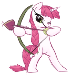 Size: 776x849 | Tagged: safe, artist:needsmoarg4, lovestruck, pony, unicorn, aiming, bipedal, bow (weapon), female, mare, one eye closed, simple background, solo, white background