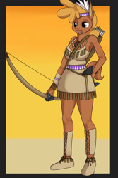 Size: 1200x1800 | Tagged: safe, artist:hivelordlusa, artist:kloudmutt, edit, little strongheart, anthro, buffalo, armpits, arrows, bow (weapon), bow and arrow, clothes, dreamcatcher, mask, masking, moccasins, native american, ponyrumi, quiver, solo, tomahawk