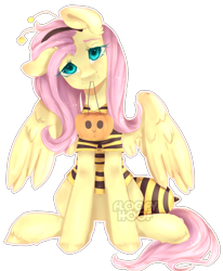 Size: 1581x1916 | Tagged: safe, artist:floofyhoof, fluttershy, pegasus, pony, animal costume, bee costume, clothes, costume, cute, female, flutterbee, halloween, head tilt, holiday, looking at you, mare, mouth hold, nightmare night costume, outline, pumpkin bucket, shyabetes, simple background, sitting, solo, transparent background, trick or treat, wings