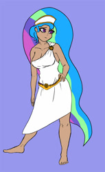 Size: 611x1000 | Tagged: safe, artist:slamjam, princess celestia, human, bare shoulders, barefoot, breasts, cleavage, clothes, feet, hand on hip, humanized, solo, toga