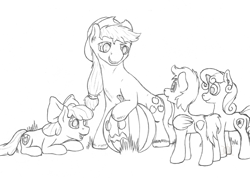 Size: 1536x1108 | Tagged: safe, artist:parallel black, derpibooru exclusive, apple bloom, applejack, scootaloo, sweetie belle, earth pony, pony, halloween, holiday, jack-o-lantern, monochrome, nightmare night, pumpkin, sketch