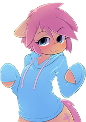 Size: 1665x2361 | Tagged: safe, artist:hoodie, butterscotch, fluttershy, pegasus, pony, semi-anthro, blushing, clothes, femboy, hoodie, it's a trap, male, misleading thumbnail, rule 63, simple background, smiling, solo, sweater, transparent background