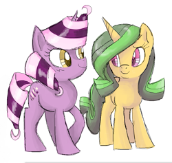 Size: 849x805 | Tagged: safe, artist:needsmoarg4, lucky swirl, lulu luck, pony, unicorn, duo, duo female, female, mare, simple background, smiling, white background