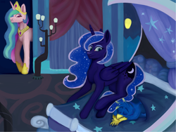 Size: 3056x2301 | Tagged: safe, artist:ske, gallus, princess celestia, princess luna, alicorn, griffon, pony, bed, female, male, mare, maternaluna, pinklestia, sleeping