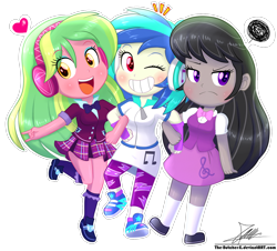 Size: 1460x1320 | Tagged: safe, artist:the-butch-x, dj pon-3, lemon zest, octavia melody, vinyl scratch, equestria girls, chibi, clothes, commission, crystal prep academy uniform, cute, female, frown, grumpy, headphones, kneesocks, leggings, looking at you, musical trio, octavia is not amused, one eye closed, open mouth, school uniform, shoes, simple background, skirt, sneakers, socks, sticker, tavibetes, transparent background, trio, unamused, vinylbetes, wink, wrong eye color, zestabetes