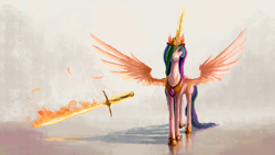 Size: 1920x1080 | Tagged: safe, artist:plainoasis, princess celestia, alicorn, pony, armor, female, fire, flaming sword, magic, mare, solo, sword, telekinesis, warrior, warrior celestia, weapon