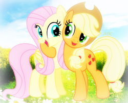 Size: 1912x1548 | Tagged: safe, artist:flamingflare123, applejack, fluttershy, earth pony, pegasus, pony, appleshy, duo, female, friendshipping, hug, smiling