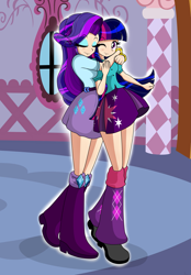 Size: 2085x2988 | Tagged: safe, artist:derpyramone, derpibooru import, rarity, twilight sparkle, twilight sparkle (alicorn), alicorn, equestria girls, carousel boutique, clothes, eyes closed, female, lesbian, one eye closed, rarilight, shipping, skirt