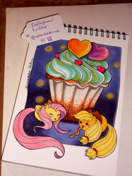 Size: 620x827 | Tagged: safe, artist:shikimaakemi, applejack, fluttershy, earth pony, pegasus, pony, appleshy, female, lesbian, shipping, tongue out, traditional art