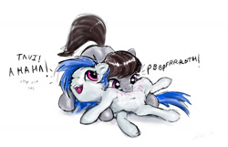 Size: 1852x1192 | Tagged: safe, artist:xbi, dj pon-3, octavia melody, vinyl scratch, earth pony, pony, unicorn, belly button, female, lesbian, mare, scratchtavia, shipping, sketch, tickling, tummy buzz