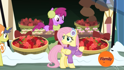 Size: 1920x1080 | Tagged: safe, screencap, berry punch, berryshine, comet tail, fluttershy, earth pony, pegasus, pony, unicorn, best gift ever, :o, apple, baked goods, basket, bushel basket, clothes, cupcake, discovery family logo, earmuffs, female, food, male, mare, open mouth, scarf, smiling, snow, stallion, sweater, vendor, vendor stall