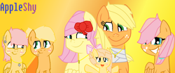 Size: 1530x644 | Tagged: safe, artist:sarahstubbs, applejack, fluttershy, oc, earth pony, pegasus, pony, appleshy, female, lesbian, magical lesbian spawn, offspring, parent:applejack, parent:fluttershy, parents:appleshy, shipping