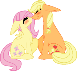 Size: 354x324 | Tagged: safe, artist:junetheicecat, applejack, fluttershy, earth pony, pegasus, pony, appleshy, big ears, blushing, eyes closed, female, floppy ears, lesbian, mare, raised hoof, shipping, simple background, sitting, small wings, smiling, white background