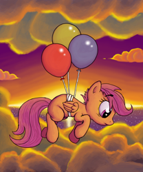 Size: 1088x1309 | Tagged: safe, artist:raunchyopposition, scootaloo, pegasus, pony, backlighting, balloon, cloud, cloudy, female, filly, flying, ocean, scootaloo can't fly, sunset, water