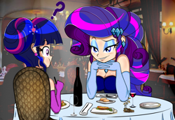 Size: 1742x1198 | Tagged: source needed, useless source url, safe, artist:derpyramone, derpibooru import, part of a set, rarity, twilight sparkle, twilight sparkle (alicorn), alicorn, equestria girls, alternate hairstyle, bedroom eyes, breasts, cleavage, clothes, dinner, dress, eating, evening gloves, fancy, fanfic art, female, flirting, food, gloves, grin, hair bun, human coloration, lesbian, question mark, rarilight, restaurant, shipping, smiling