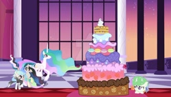 Size: 1024x581 | Tagged: safe, artist:velveagicsentryyt, princess celestia, oc, oc:asterism, oc:flosun pollen, oc:mysterilestia, alicorn, changepony, hybrid, pony, base used, cake, deviantart watermark, food, half-siblings, interspecies offspring, obtrusive watermark, offspring, parent:discord, parent:princess celestia, parent:thorax, parents:dislestia, parents:thoralestia, watermark