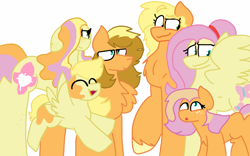 Size: 1280x800 | Tagged: safe, artist:peanutthechub, applejack, fluttershy, oc, earth pony, pegasus, pony, appleshy, female, lesbian, magical lesbian spawn, offspring, parent:applejack, parent:fluttershy, parents:appleshy, shipping