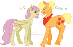 Size: 1024x655 | Tagged: safe, artist:superrosey16, applejack, applejack (male), butterscotch, fluttershy, bat pony, pony, appleshy, butterjack (gay), dialogue, eye contact, flutterbat, gay, looking at each other, male, neckerchief, profile, race swap, rule 63, shipping, standing, watermark