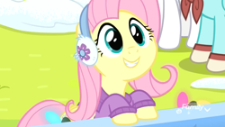 Size: 1920x1080 | Tagged: safe, screencap, fluttershy, pegasus, pony, best gift ever, clothes, cute, earmuffs, female, happy, mare, scarf, shyabetes, smiling, snow, solo focus, sweater