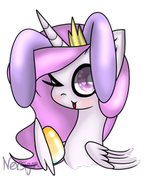 Size: 1846x2073 | Tagged: safe, artist:nersigon, princess celestia, alicorn, pony, big eyes, bunny ears, bunnylestia, crown, cute, cutelestia, easter, easter egg, holiday, horn, jewelry, looking at you, pink-mane celestia, regalia, simple background, solo, transparent background