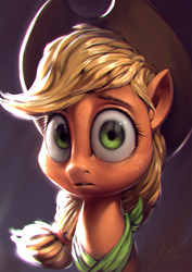 Size: 765x1080 | Tagged: safe, artist:assasinmonkey, applejack, earth pony, pony, bandana, bust, chromatic aberration, cowboy hat, female, frown, hat, horrified, i've seen some shit, looking at you, mare, portrait, solo, stetson, wide eyes