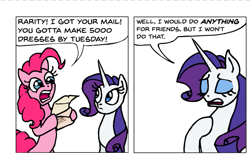 Size: 653x423 | Tagged: safe, artist:gingerfoxy, edit, pinkie pie, rarity, earth pony, pony, unicorn, pony comic generator, 2 panel comic, clothes, comic, dress, friendship, i would do anything for love, meat loaf, no, song reference