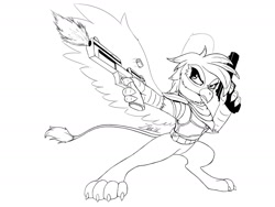 Size: 1280x960 | Tagged: safe, artist:zoarvek, oc, oc only, oc:henrietta firebright, griffon, fallout equestria, fallout equestria: pink eyes, female, gun, handgun, lineart, monochrome, newbie artist training grounds, pistol, shooting, simple background, solo, weapon, white background