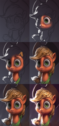 Size: 1360x2880 | Tagged: safe, artist:assasinmonkey, applejack, earth pony, pony, art progress, bust, cowboy hat, female, freckles, hat, i've seen some shit, portrait, progression, solo, stetson, wip