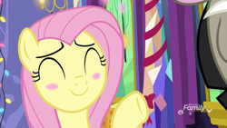 Size: 912x513 | Tagged: safe, screencap, fluttershy, pegasus, pony, best gift ever, blush sticker, blushing, cute, eyes closed, female, mare, shyabetes, solo focus