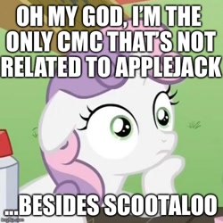 Size: 500x500 | Tagged: safe, apple bloom, scootaloo, sweetie belle, pony, unicorn, cutie mark crusaders, exploitable meme, female, filly, horn, image macro, meme, obligatory pony, solo, sudden clarity sweetie belle, sweetiedumb, text, two toned mane, white coat, wide eyes