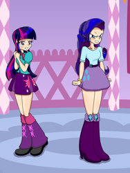 Size: 1944x2592 | Tagged: source needed, useless source url, safe, artist:derpyramone, derpibooru import, part of a set, rarity, twilight sparkle, twilight sparkle (alicorn), alicorn, equestria girls, angry, argument, carousel boutique, clothes, crying, fanfic, fanfic art, female, heartbreak, human coloration, lesbian, rarilight, sad, shipping, skirt