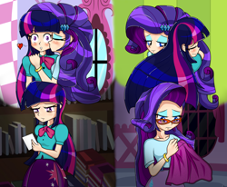 Size: 2276x1877 | Tagged: safe, artist:derpyramone, derpibooru import, part of a set, rarity, twilight sparkle, human, equestria girls, :o, blushing, carousel boutique, clothes, eyes closed, fanfic art, female, frown, glasses, heart, hug, human coloration, humanized, kissing, lesbian, library, lockers, memories, rarilight, rarity's glasses, sad, sewing, shipping, skirt, smiling, wide eyes