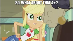 Size: 888x499 | Tagged: safe, edit, edited screencap, screencap, applejack, cranky doodle donkey, sweetie belle, better together, equestria girls, happily ever after party, happily ever after party: applejack, meme