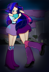 Size: 1772x2592 | Tagged: source needed, useless source url, safe, artist:derpyramone, derpibooru import, part of a set, rarity, twilight sparkle, equestria girls, better source needed, clothes, crying, fanfic art, female, hug, human coloration, lesbian, night, outdoors, rarilight, shipping, skirt, street, tears of joy