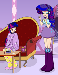 Size: 1944x2534 | Tagged: safe, artist:derpyramone, derpibooru import, part of a set, rarity, twilight sparkle, twilight sparkle (alicorn), alicorn, equestria girls, blanket, carousel boutique, clothes, cold, fanfic art, human coloration, illness, medicine, nurse, rarilight, shipping, sick, skirt, sofa, thermometer