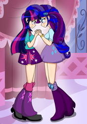 Size: 1800x2563 | Tagged: safe, artist:derpyramone, derpibooru import, part of a set, rarity, twilight sparkle, equestria girls, carousel boutique, clothes, eye contact, female, holding hands, human coloration, imminent kissing, lesbian, looking at each other, rarilight, shipping, skirt, smiling, teary eyes