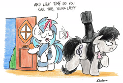 Size: 2150x1451 | Tagged: safe, artist:bobthedalek, dj pon-3, octavia melody, vinyl scratch, earth pony, pony, unicorn, bathrobe, cello case, clothes, messy mane, mug, octavia is not amused, robe, traditional art, unamused