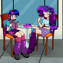 Size: 2170x2164 | Tagged: source needed, useless source url, safe, artist:derpyramone, derpibooru import, part of a set, rarity, twilight sparkle, equestria girls, book, cafe, clothes, cup, female, happy, human coloration, lesbian, present, rarilight, shipping, skirt, teacup