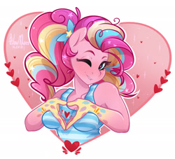 Size: 2200x2000 | Tagged: safe, artist:hiloumuns, pinkie pie, anthro, earth pony, clothes, cute, diapinkes, female, heart, lip bite, mare, one eye closed, rainbow power, solo, tanktop, wink