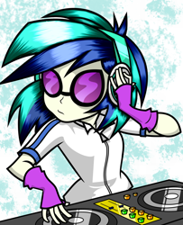 Size: 1024x1258 | Tagged: safe, artist:alligatorgummy, artist:lunchie, dj pon-3, vinyl scratch, equestria girls, rainbow rocks, clothes, fingerless gloves, gloves, headphones, shine like rainbows, solo, sunglasses, turntable