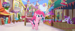 Size: 1280x536 | Tagged: safe, screencap, mochaccino, pinkie pie, rare find, earth pony, pony, my little pony: the movie, background pony, canterlot, canterlot shopkeep, cart, female, japanese, male, mare, market, stallion, unnamed pony, we got this together