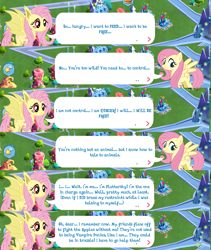 Size: 1280x1516 | Tagged: safe, apple bloom, fluttershy, bat pony, night of the living apples, bat ponified, dialogue, duality, flutterbat, gameloft, inner monologue, monologue, race swap, self ponidox