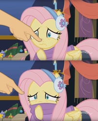 Size: 1485x1839 | Tagged: safe, edit, edited screencap, screencap, fluttershy, pegasus, pony, best gift ever, boop, boop edit, clothes, earmuffs, female, finger, hand, mare, non-consensual booping, solo, sweater