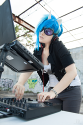 Size: 907x1361 | Tagged: safe, artist:norikat, dj pon-3, vinyl scratch, human, clothes, computer, cosplay, costume, disc jockey, irl, irl human, laptop computer, photo, solo, traktor