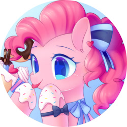 Size: 2000x2000 | Tagged: safe, artist:leafywind, pinkie pie, earth pony, pony, blushing, bow, bowtie, bust, chocolate, clothes, cupcake, cute, diapinkes, donut, ear piercing, female, food, frosting, hair bow, heart, licking, mare, piercing, portrait, silly, solo, sprinkles, starry eyes, stars, tongue out, wingding eyes, wristband