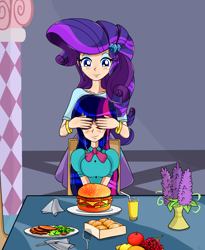 Size: 1858x2264 | Tagged: source needed, useless source url, safe, artist:derpyramone, derpibooru import, part of a set, rarity, twilight sparkle, twilight sparkle (alicorn), alicorn, equestria girls, burger, carousel boutique, covering eyes, female, food, hamburger, happy, human coloration, lesbian, meal, rarilight, shipping, twilight burgkle